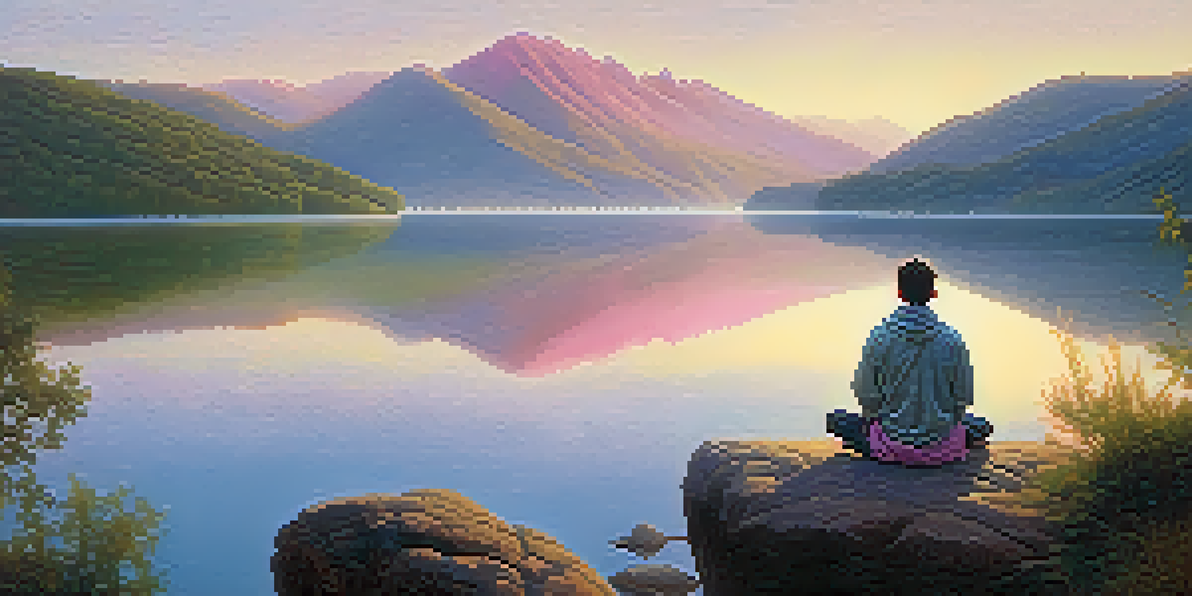 A person meditating on a rocky outcrop by a tranquil lake at sunrise, surrounded by green mountains and a colorful sky.