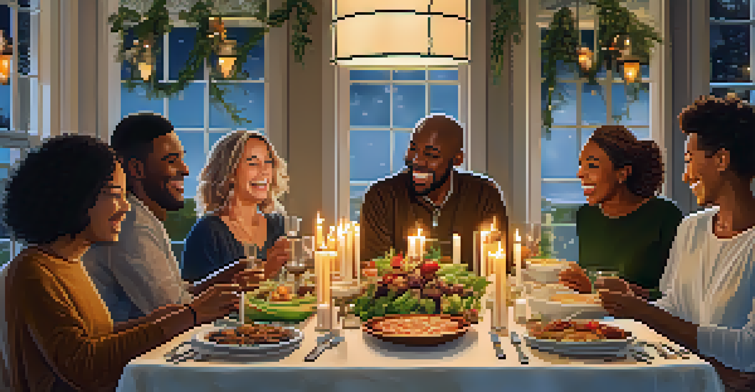 A group of friends at a dinner table, smiling and enjoying each other's company while sharing gratitude.