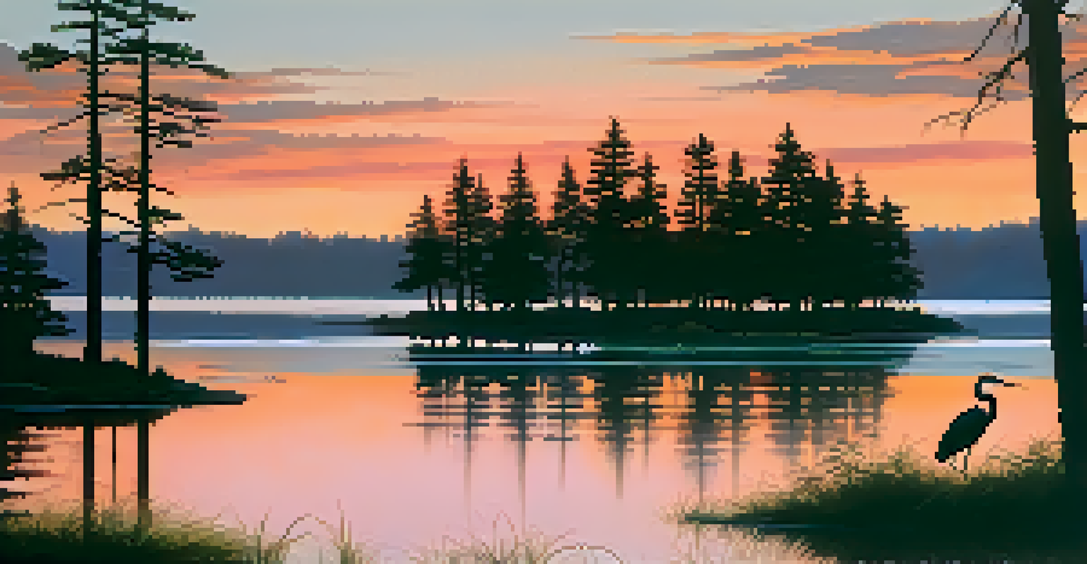 A peaceful lakeside at sunset with vibrant colors reflected in the water and a heron by the shore.