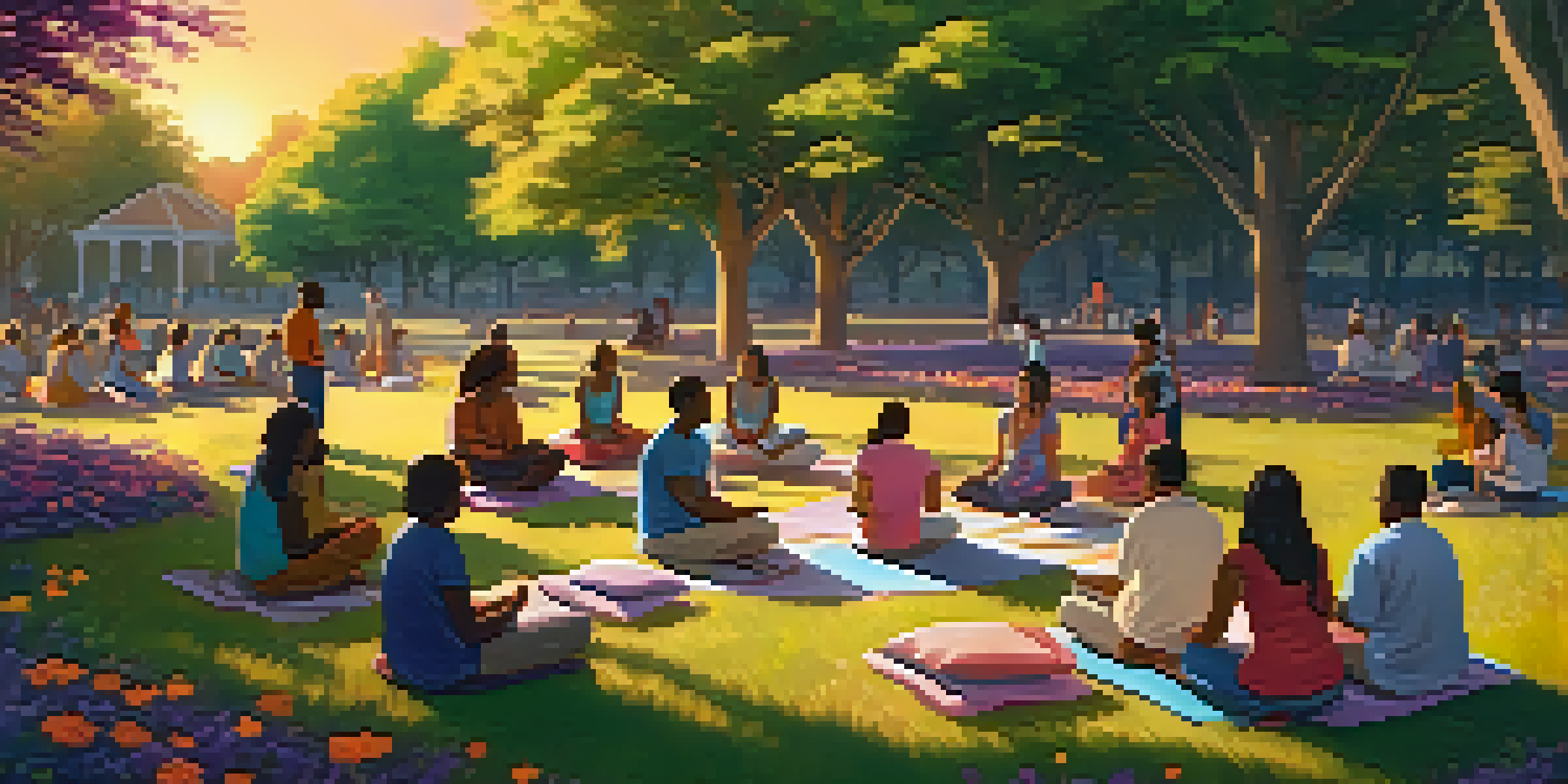 A diverse group of people sitting in a meditative circle in a park during sunset, surrounded by flowers and trees.