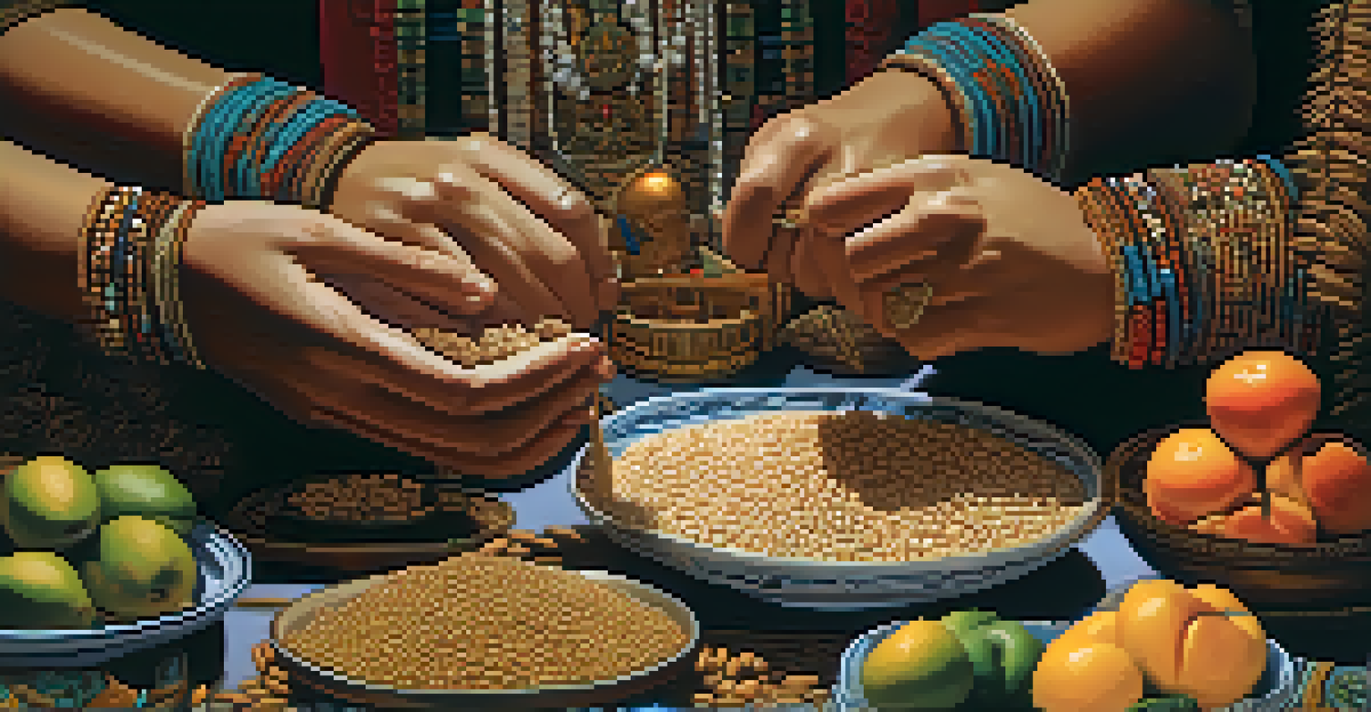Close-up of hands preparing fruits and grains for an ancestral altar, with blurred portraits and candles in the background.