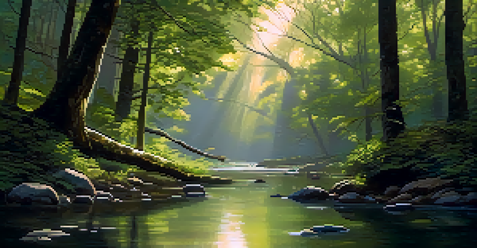 A peaceful forest with sunlight filtering through trees, a gentle stream, and birds perched on branches.