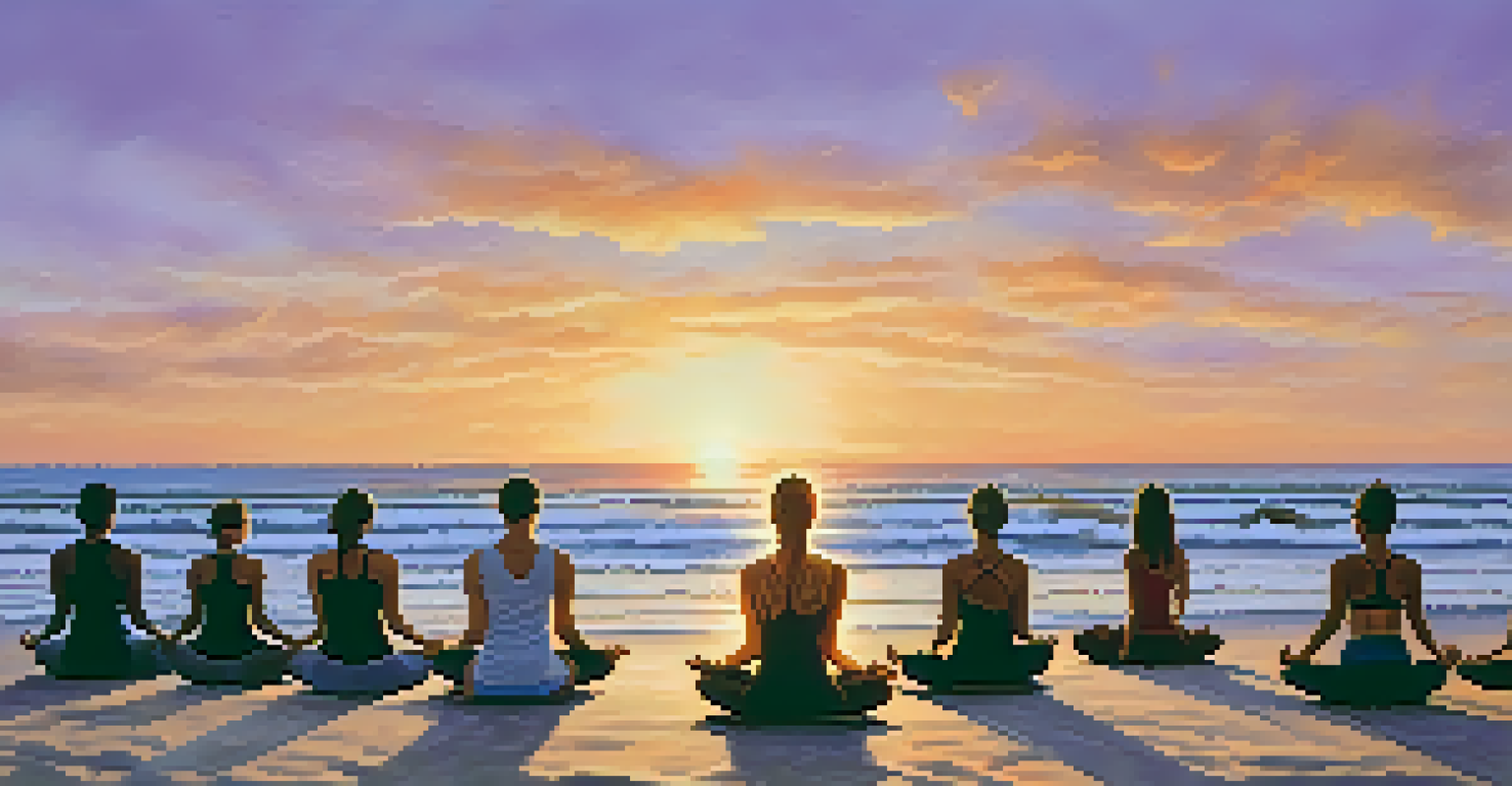 A group of individuals practicing yoga on a beach at sunset, with colorful skies and gentle ocean waves.
