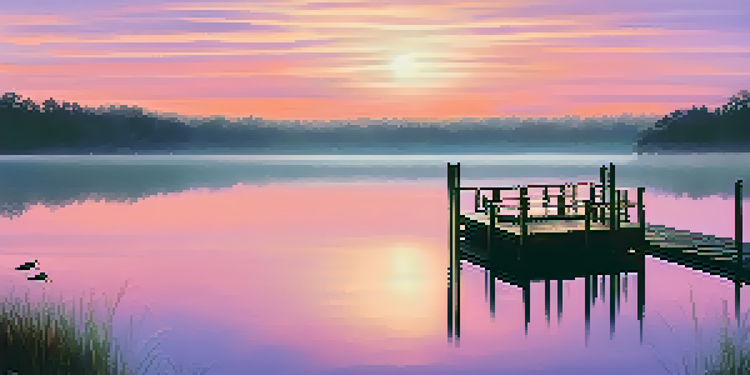 A peaceful sunrise over a calm lake with a wooden dock, surrounded by greenery and birds in the sky.