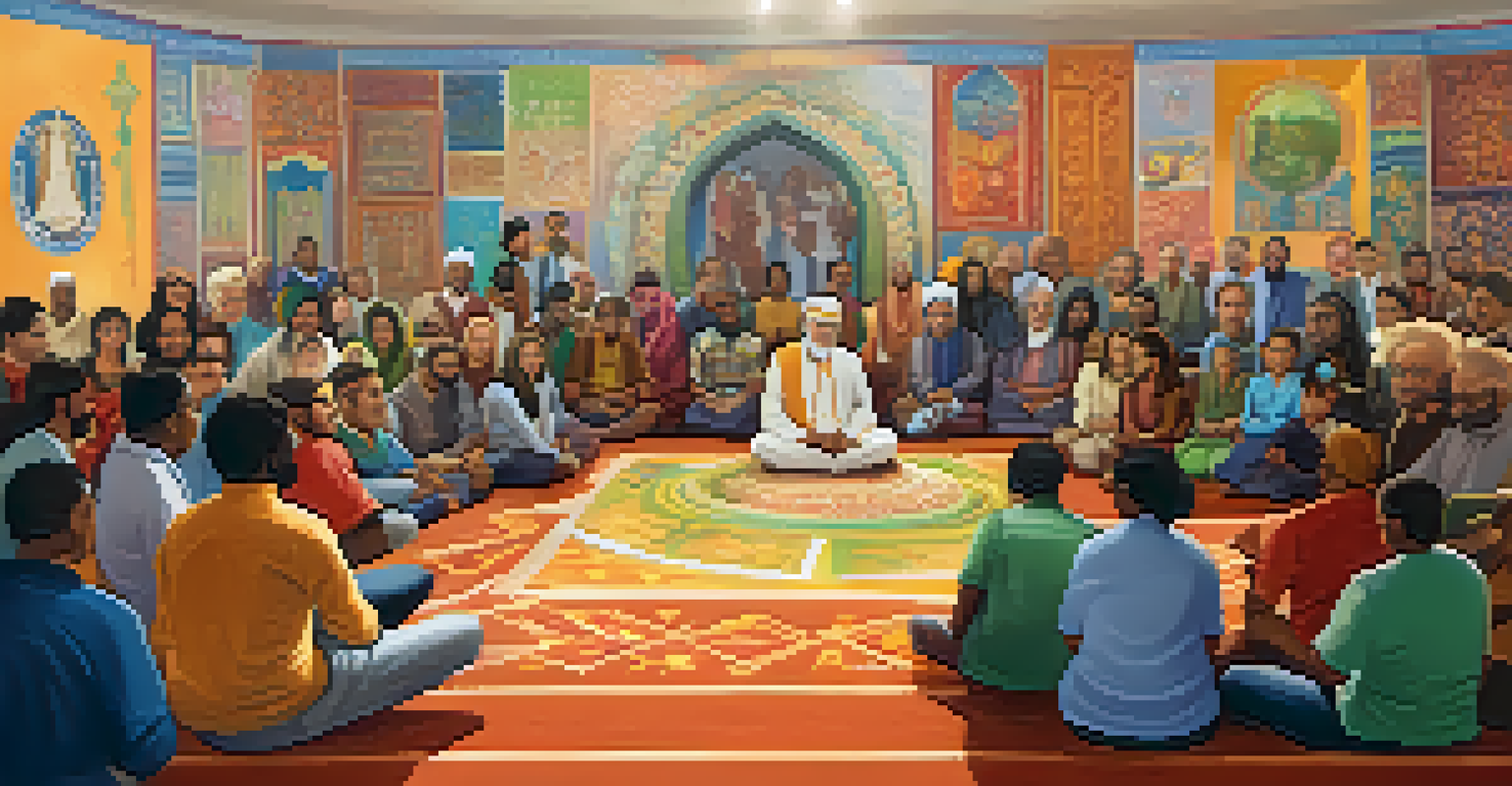 A diverse group of people engaged in an interfaith dialogue at a community center, sharing ideas and experiences.