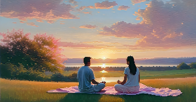 A couple meditating on a blanket in a serene outdoor setting during sunset, surrounded by nature.
