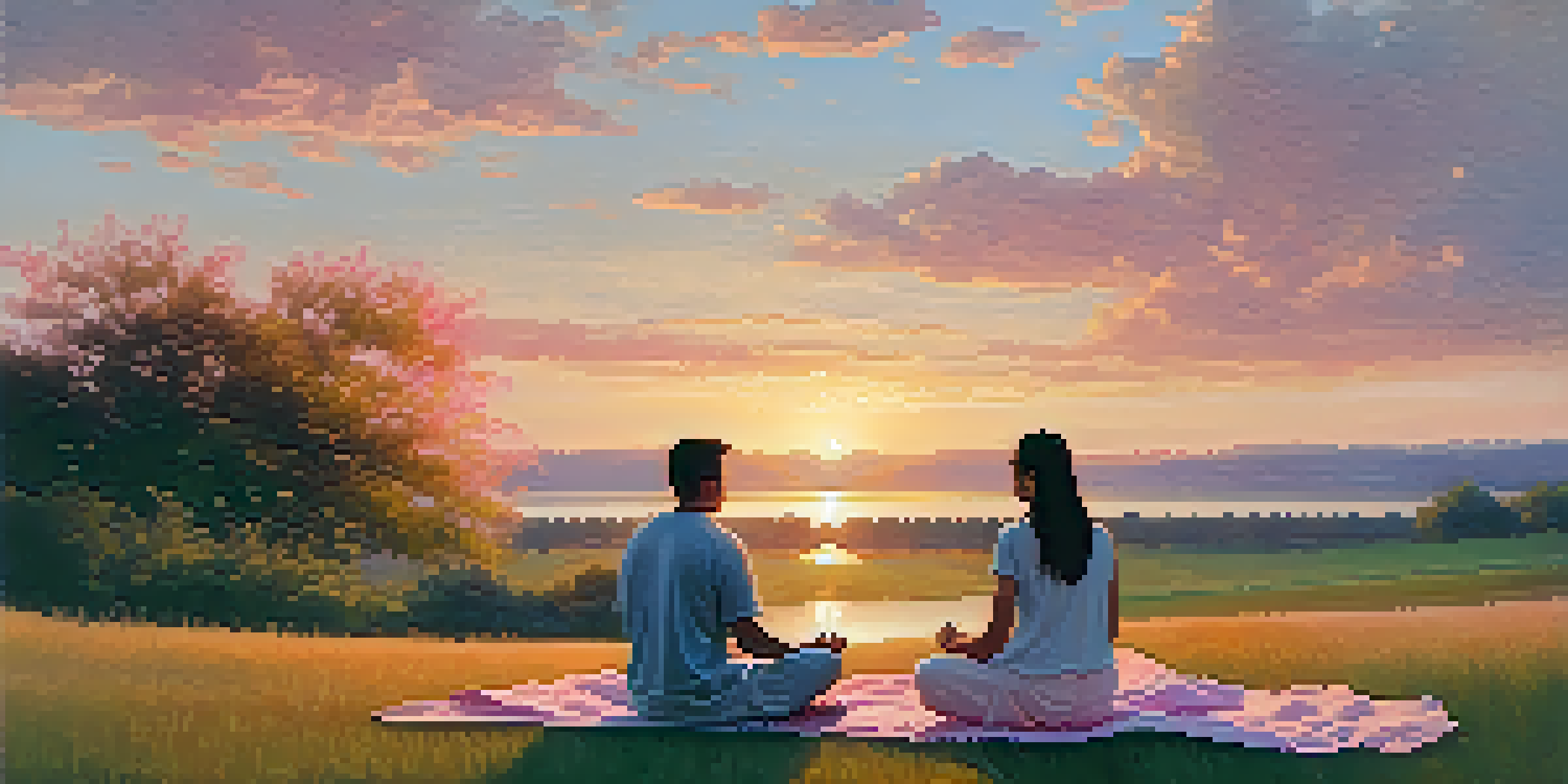 A couple meditating on a blanket in a serene outdoor setting during sunset, surrounded by nature.