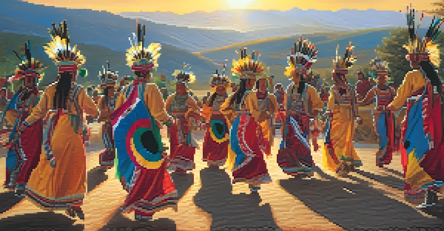 Indigenous dancers in colorful attire performing a traditional dance at sunset with rolling hills in the background.