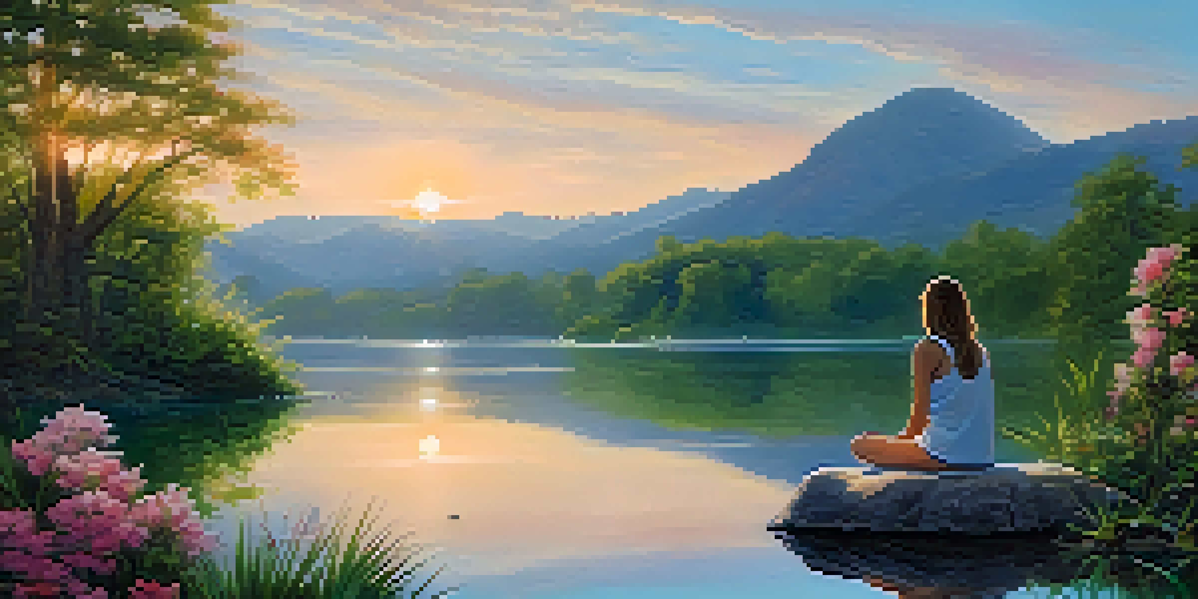 A peaceful sunrise over a calm lake with a person meditating on a rock, surrounded by greenery and flowers.