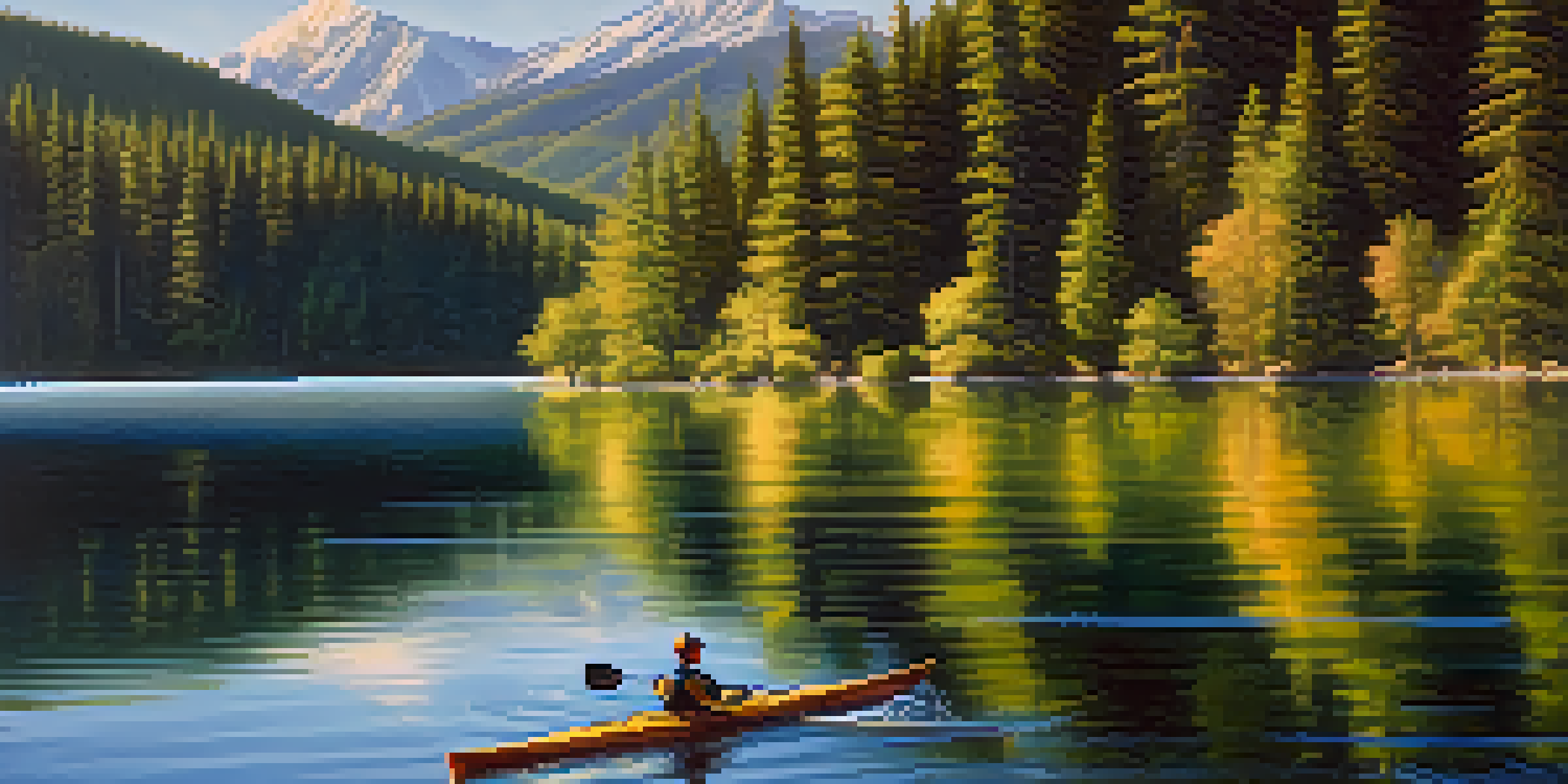 A peaceful landscape with a calm lake, surrounded by green trees and mountains, illuminated by soft sunlight with a kayaker in the water.