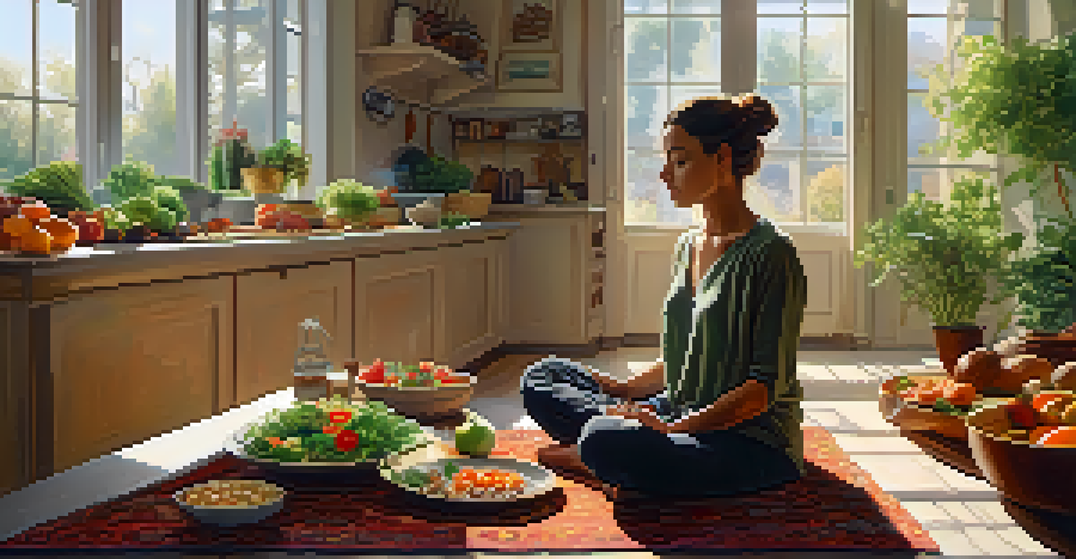 A person meditating in a cozy kitchen with a table full of healthy foods, illuminated by soft sunlight.