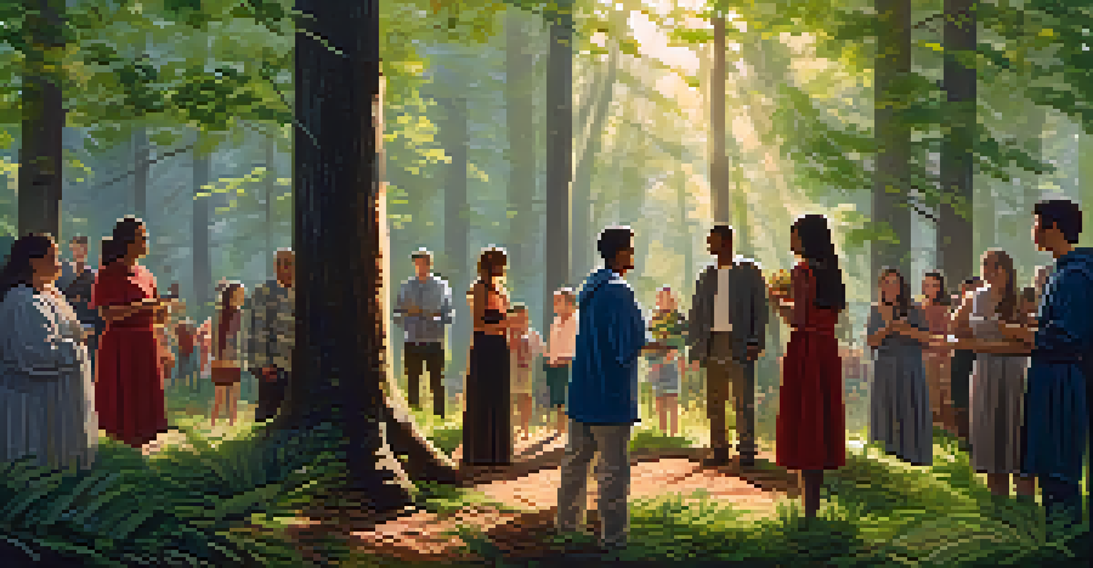 A young adult planting a tree surrounded by supportive family and friends in a serene forest setting.