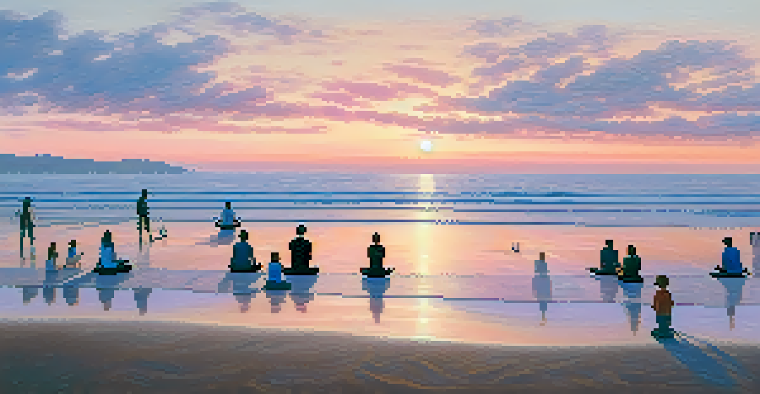 A group of people practicing yoga on the beach at dawn, with soft pink and orange skies illuminating the landscape.