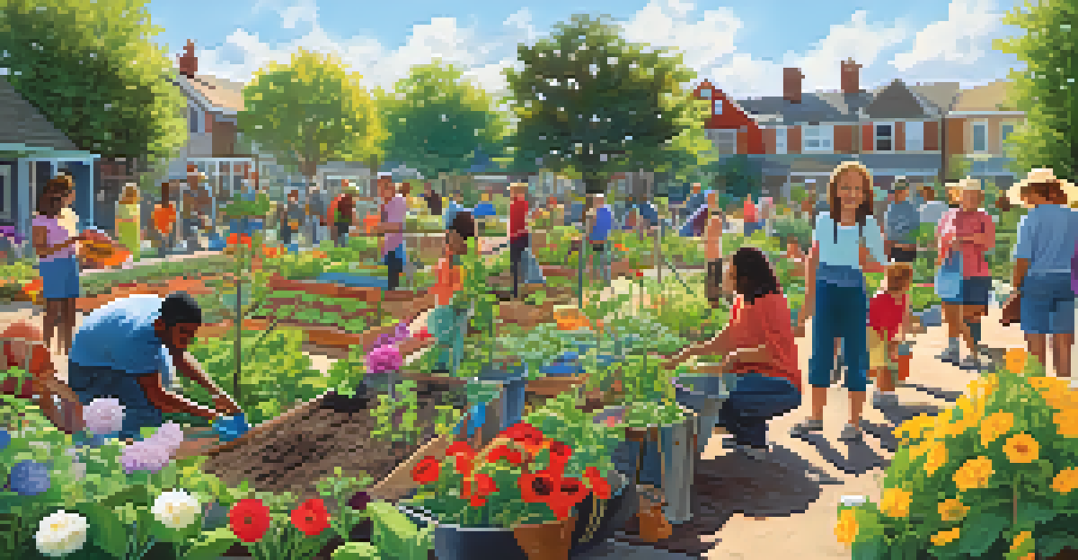 A community garden with diverse people planting and watering vegetables and flowers.