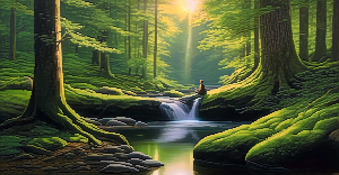 A peaceful forest at dusk with a person meditating by a stream, surrounded by trees and moss.
