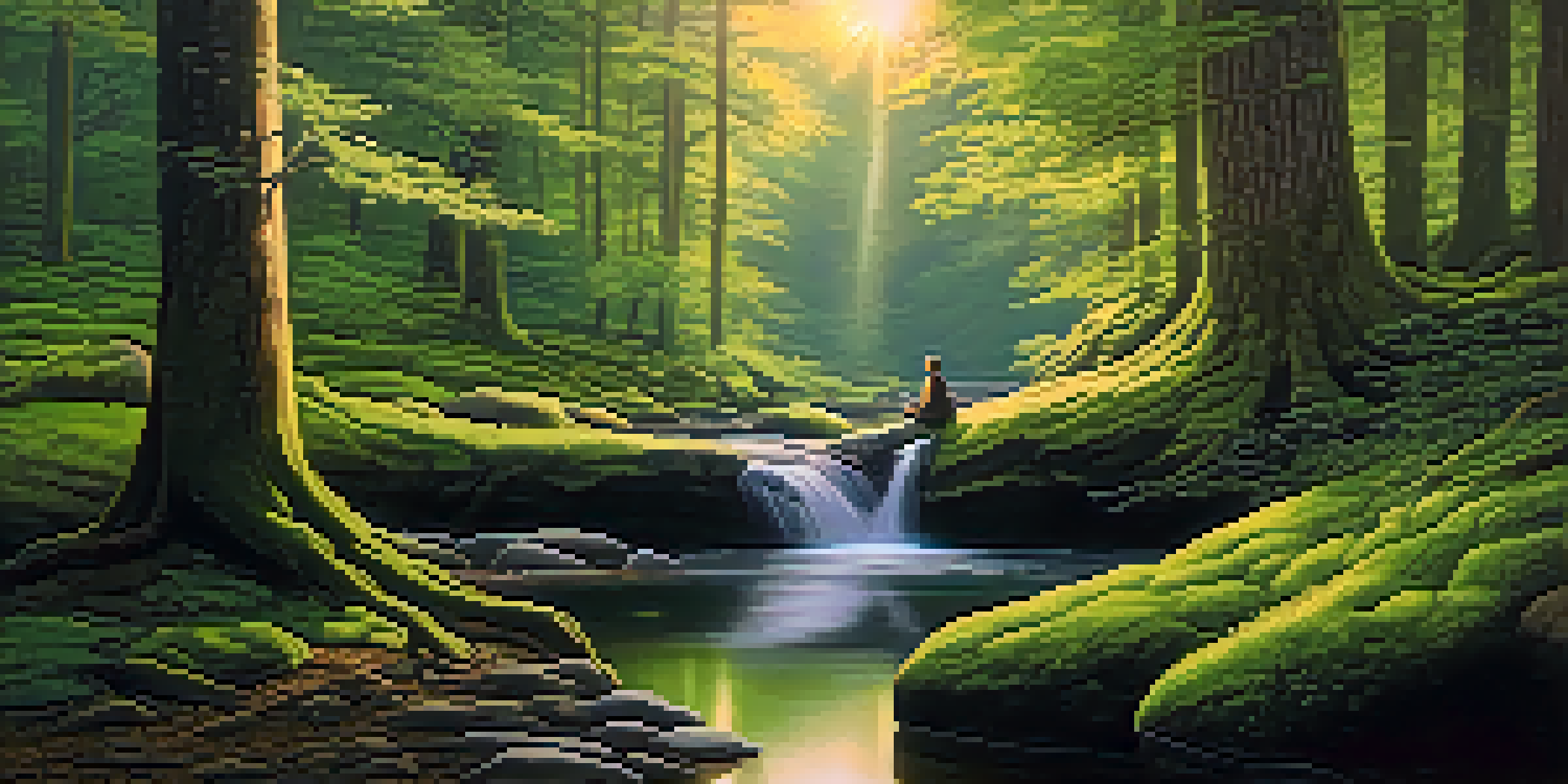 A peaceful forest at dusk with a person meditating by a stream, surrounded by trees and moss.