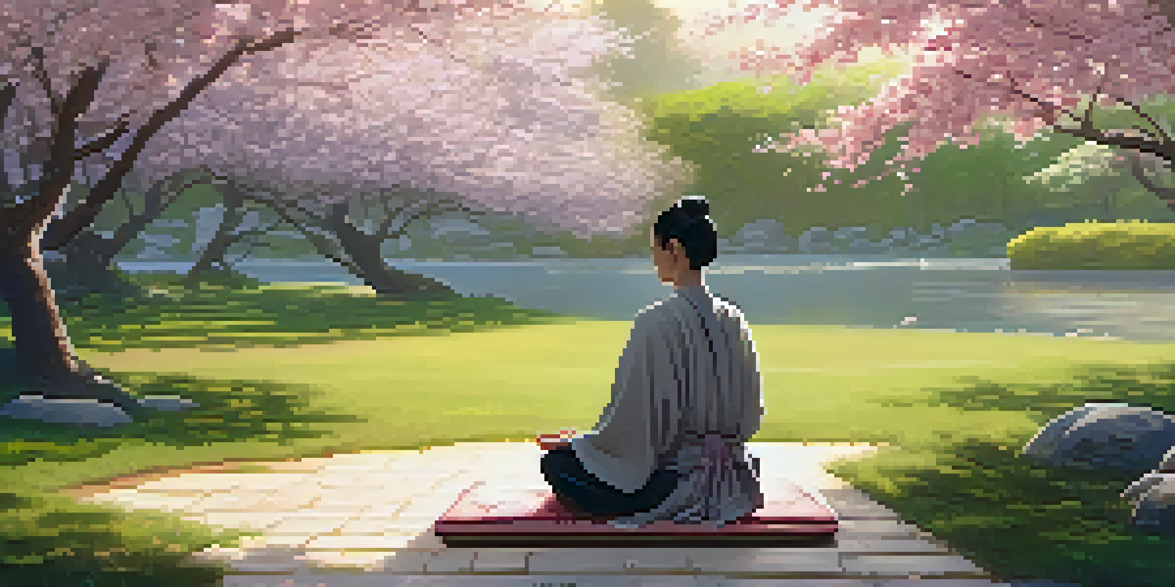 A peaceful garden setting at sunrise with a person meditating on a cushion surrounded by cherry blossom trees.
