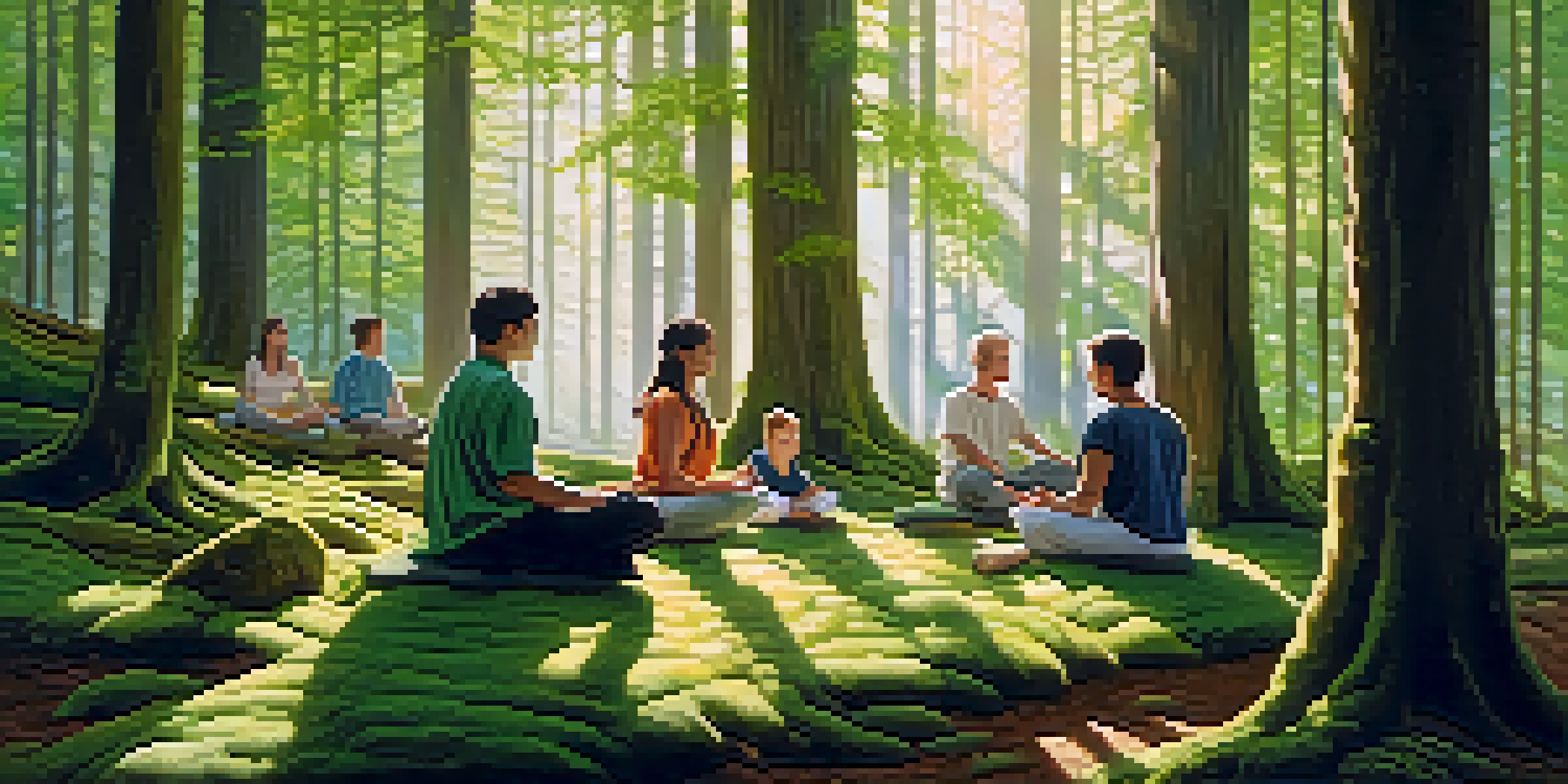 A diverse group of people meditating in a sunlit forest, surrounded by tall trees and soft moss.