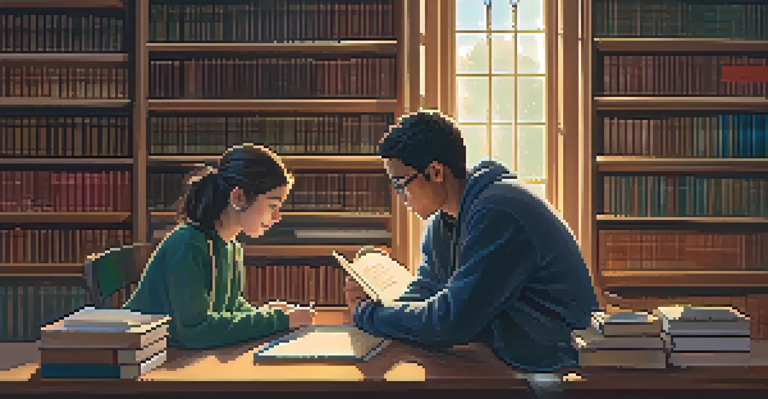A mentor and student sharing a moment in a cozy library, focused on studying together with warm lighting surrounding them.