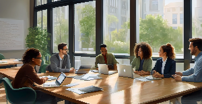 A bright and welcoming office environment where a diverse group of professionals are discussing ideas around a large table, surrounded by plants and inspirational decor.