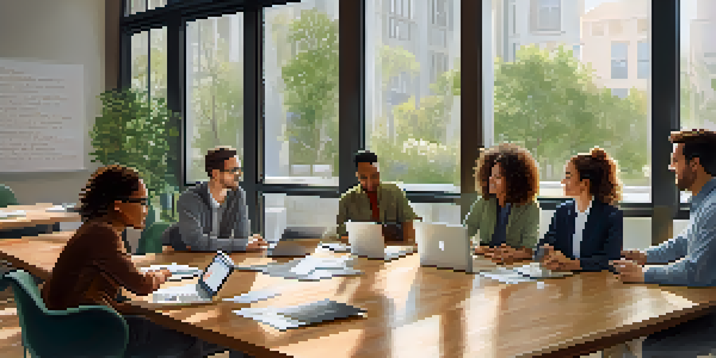A bright and welcoming office environment where a diverse group of professionals are discussing ideas around a large table, surrounded by plants and inspirational decor.