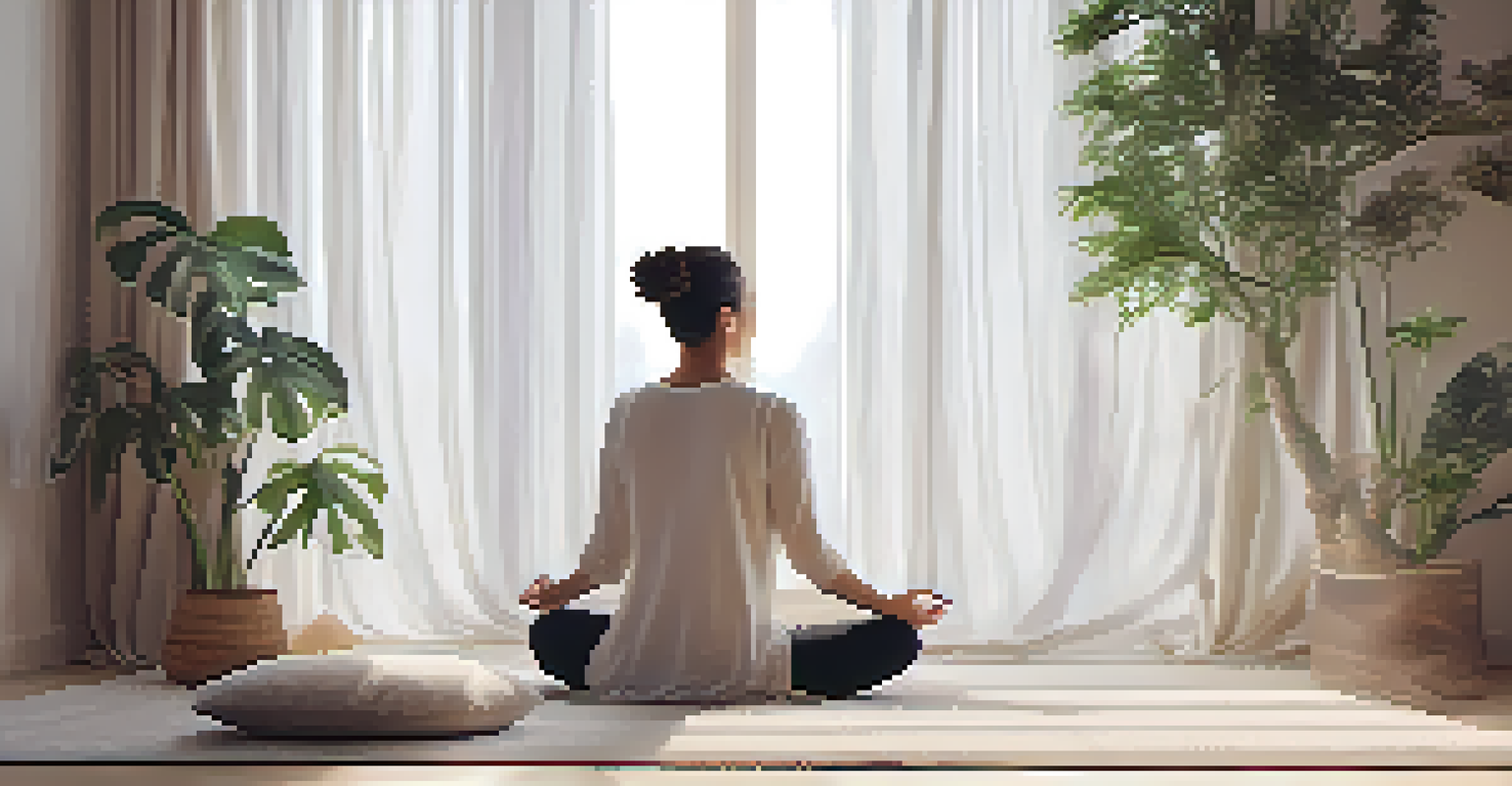 A woman practicing mindfulness meditation on a cushion in a minimalist room with soft natural light.