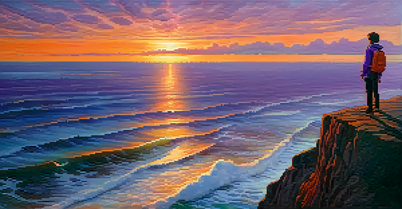 A traveler standing on a cliff by the ocean at sunset, with a colorful sky, symbolizing the transformative power of nature.