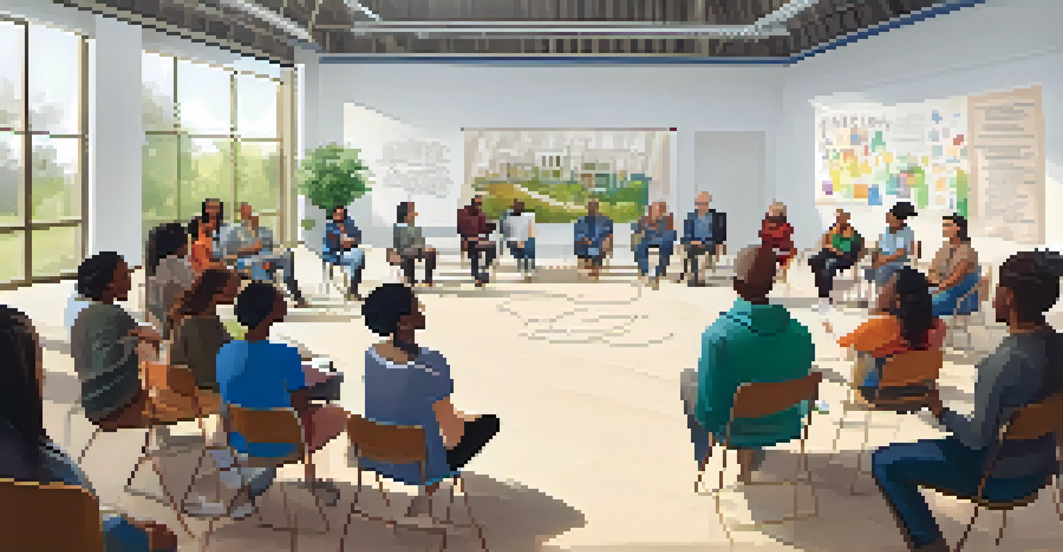 A diverse group of people seated in a circle at a community workshop, sharing their beliefs in a safe space, with a banner in the background and a whiteboard displaying discussion points.