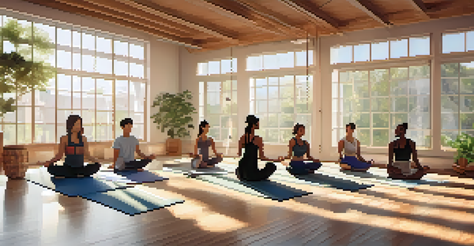 A diverse group practicing yoga in a sunlit studio, showcasing body positivity and community.