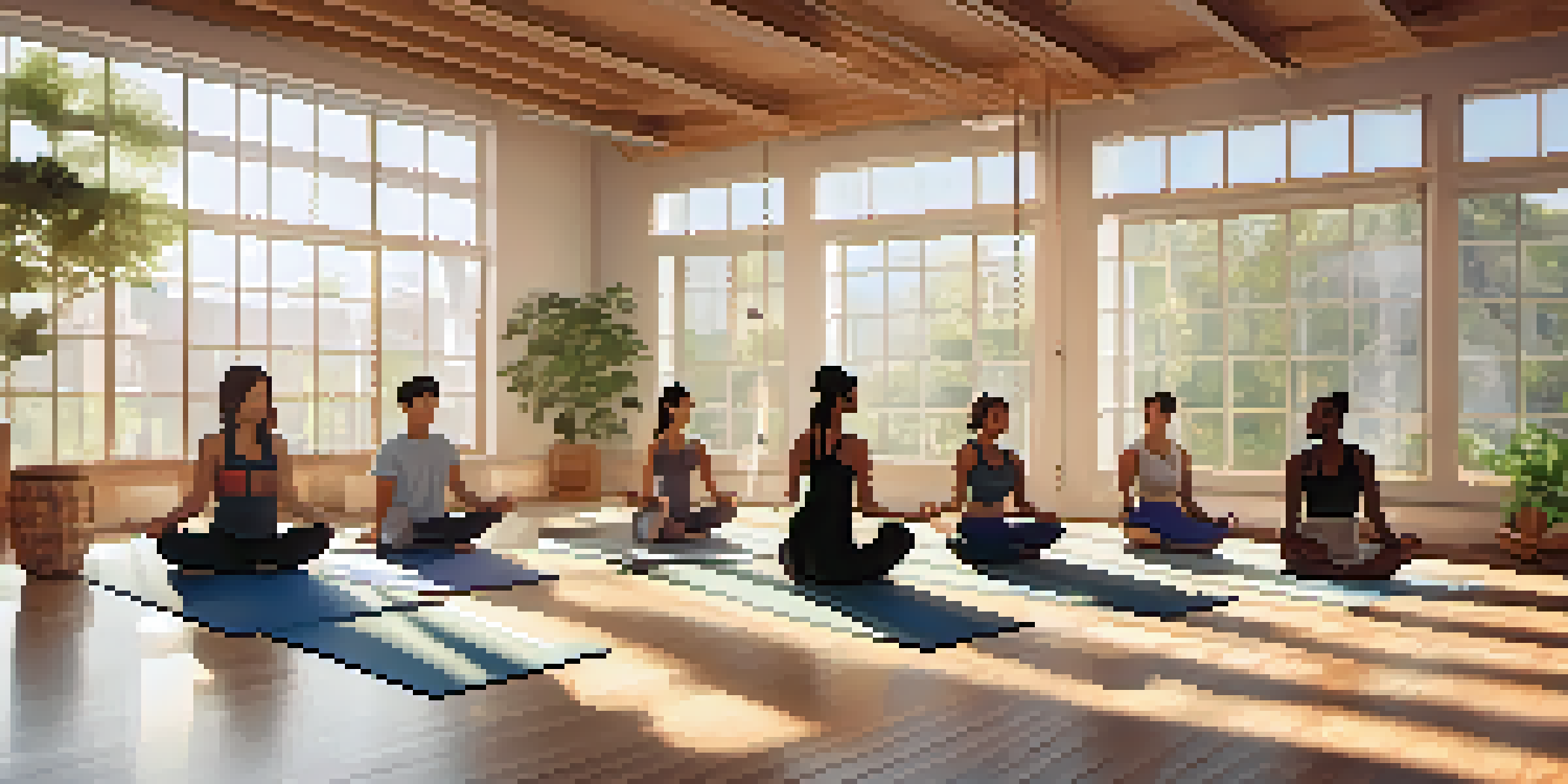 A diverse group practicing yoga in a sunlit studio, showcasing body positivity and community.