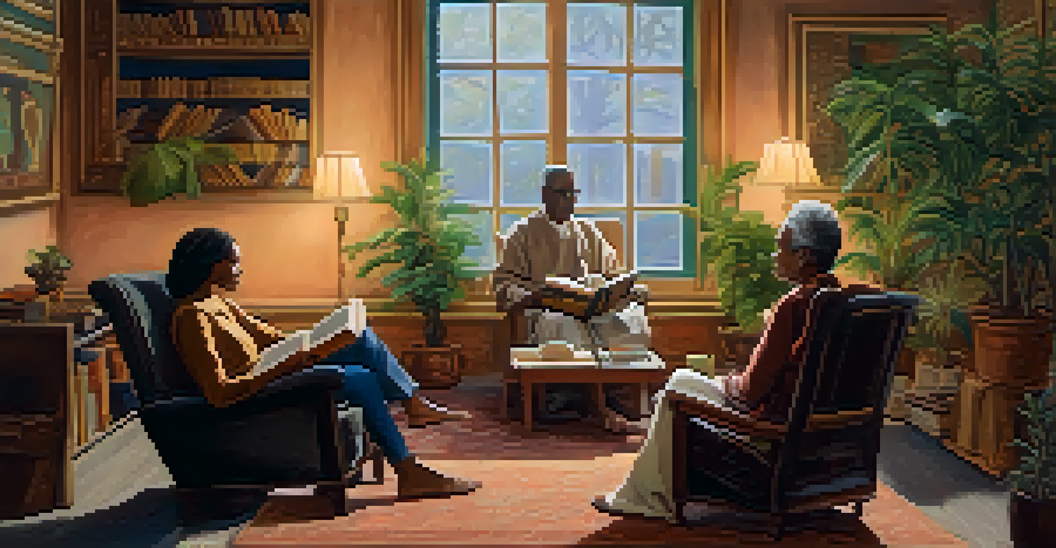 A spiritual leader shares a story in a cozy room with captivated listeners, surrounded by books, candles, and plants, conveying warmth and connection.