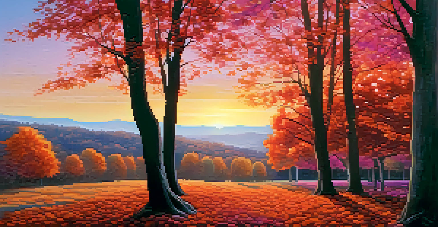 An autumn landscape with red and orange trees under a colorful sunset sky, filled with fallen leaves.