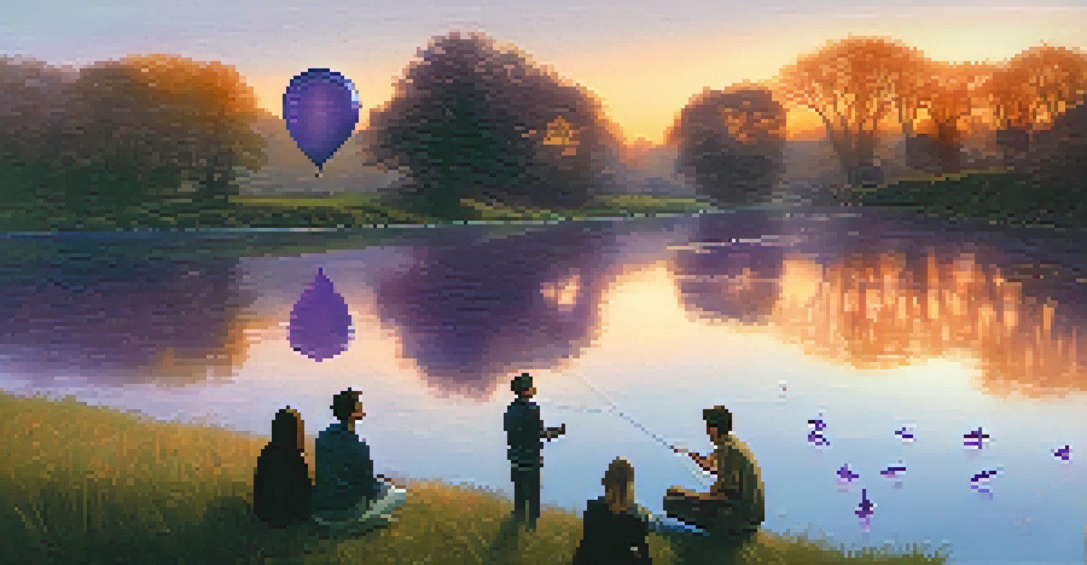 A group of people releasing balloons into a sunset river, surrounded by trees.
