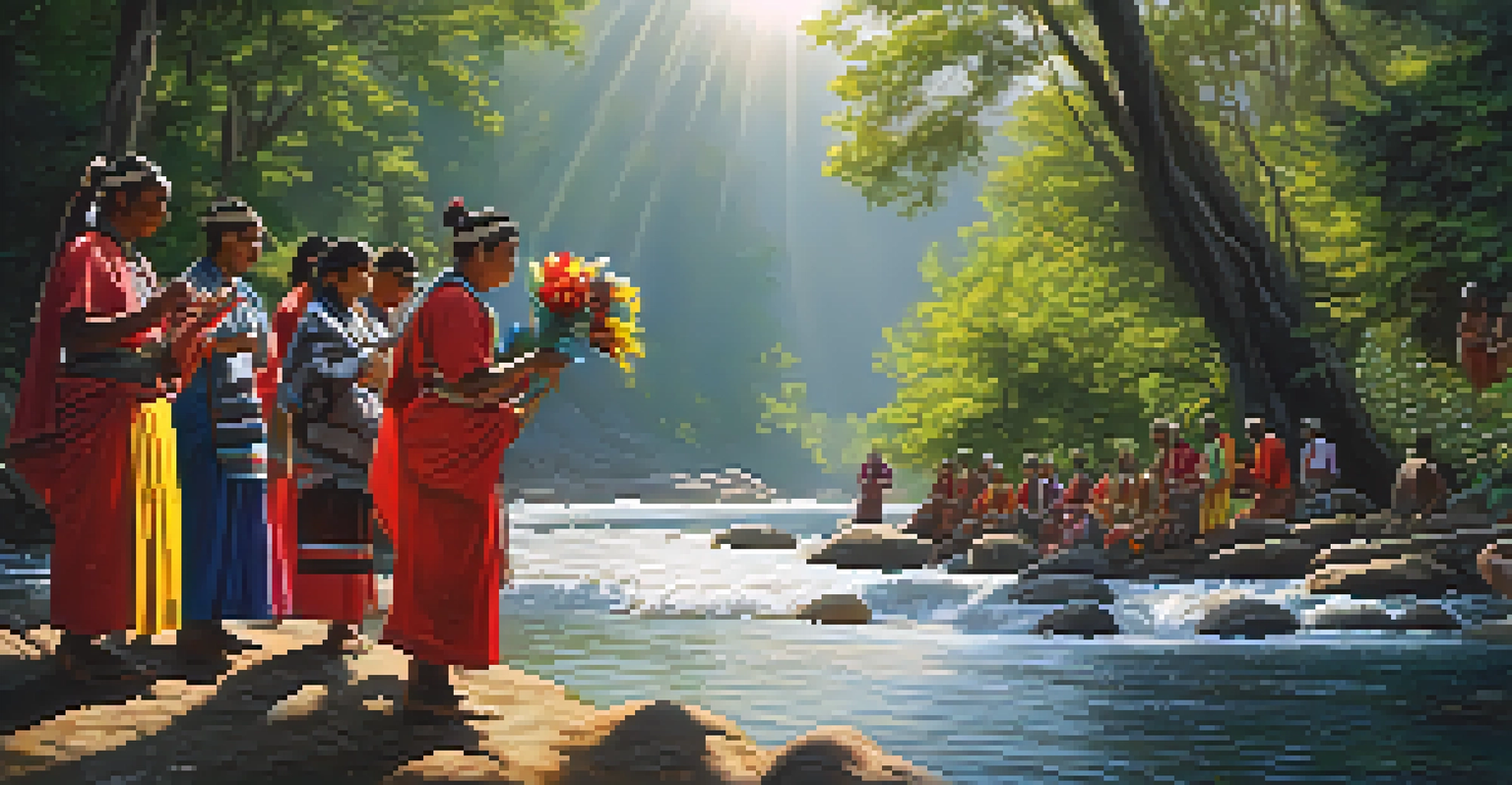 Indigenous people in traditional attire performing a ritual by a river, offering flowers and fruits while surrounded by nature.