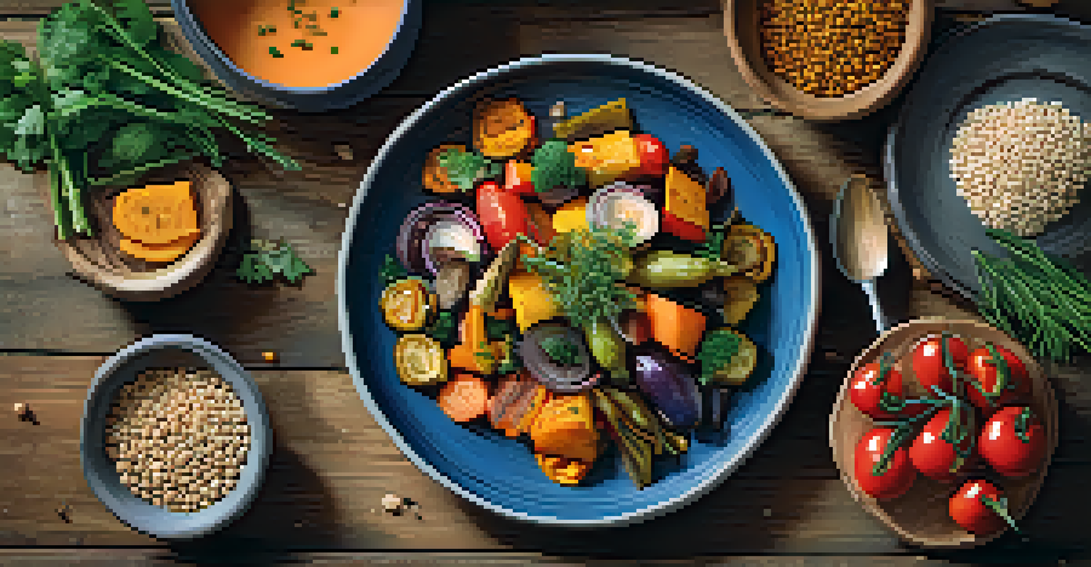 A close-up view of a colorful vegetarian meal on a rustic table, showcasing roasted vegetables and grains with a blurred background.
