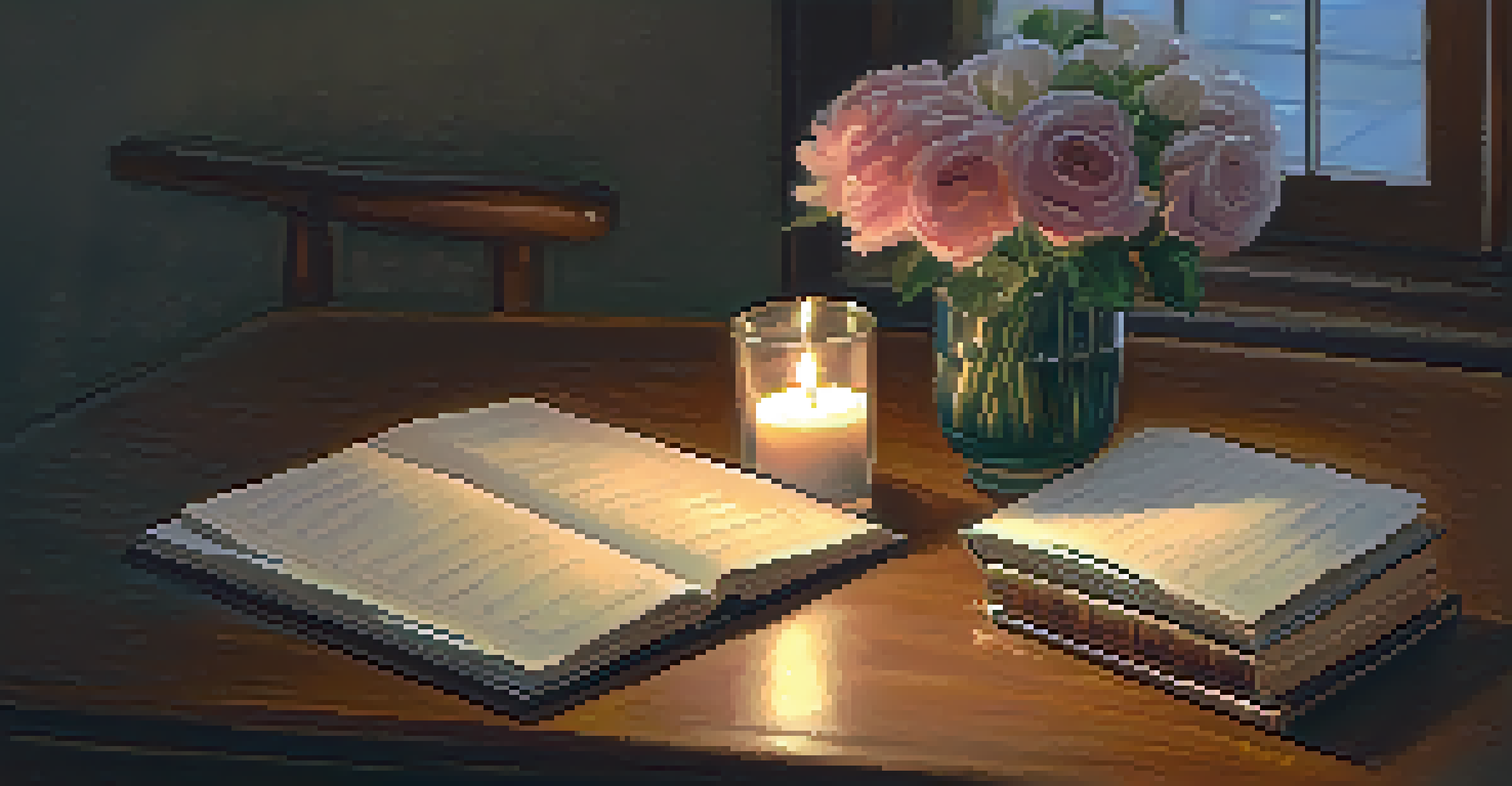A wooden table set up for a personal ritual with a candle, flowers, and a journal.