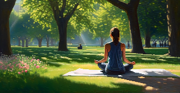 A person sitting cross-legged on grass in a peaceful park, practicing mindful breathing surrounded by flowers and trees, with soft sunlight filtering through the leaves.