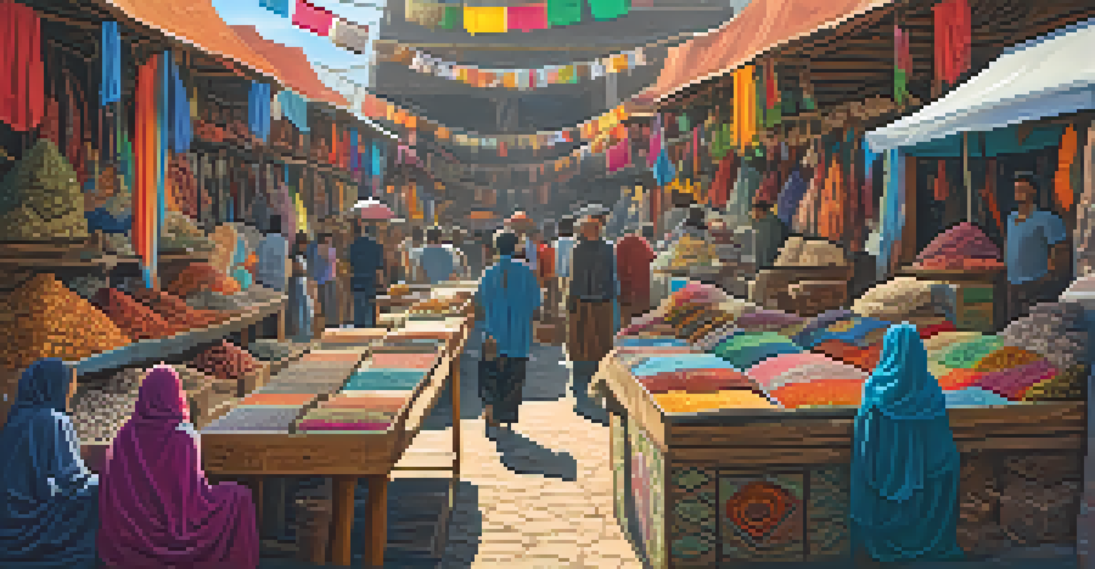 A bustling artisan market filled with handmade spiritual items such as crystals and tarot cards, with colorful fabrics and natural decorations.