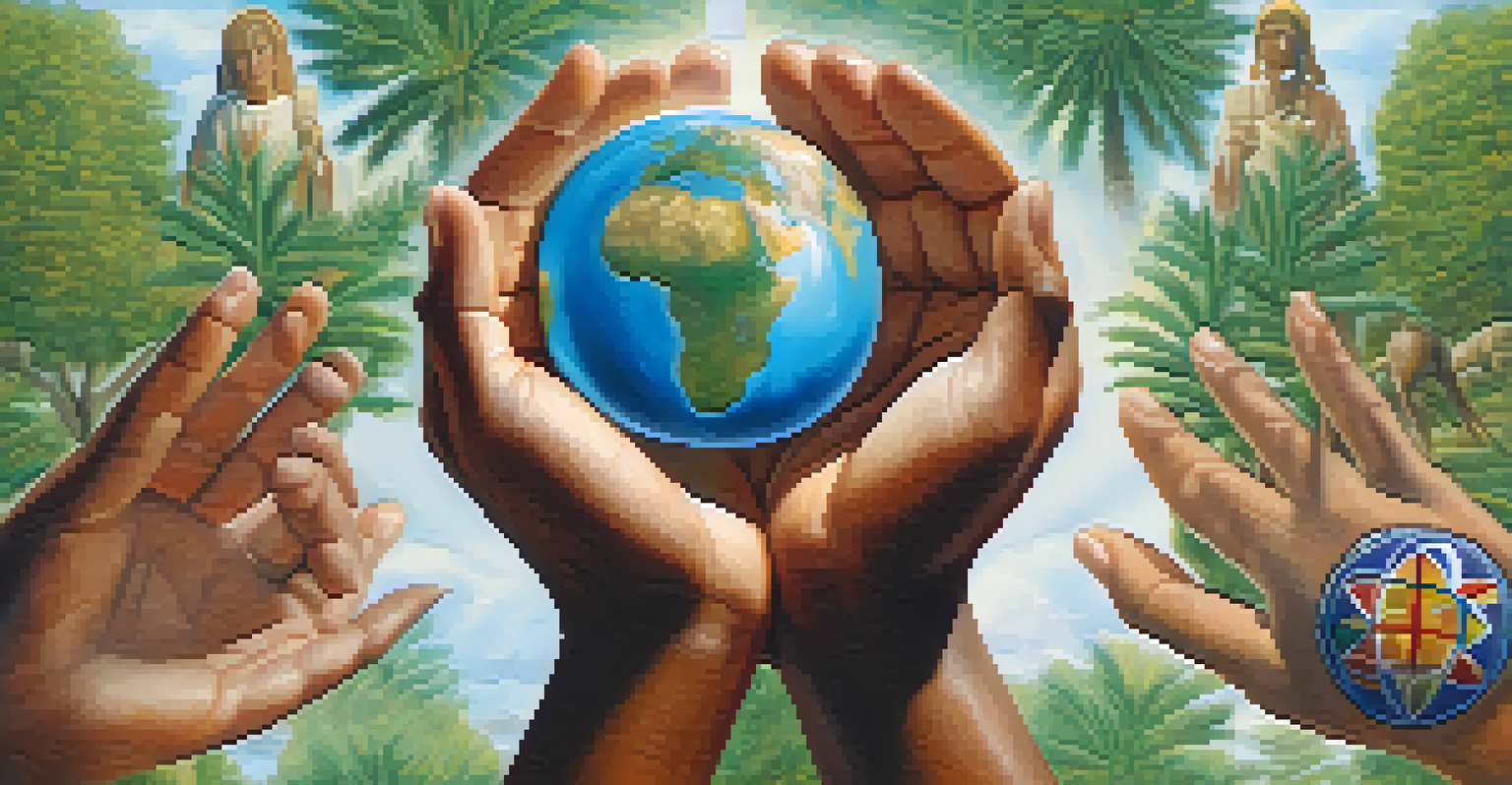 Hands from various cultures holding a globe with spiritual symbols, representing unity and care for the Earth.