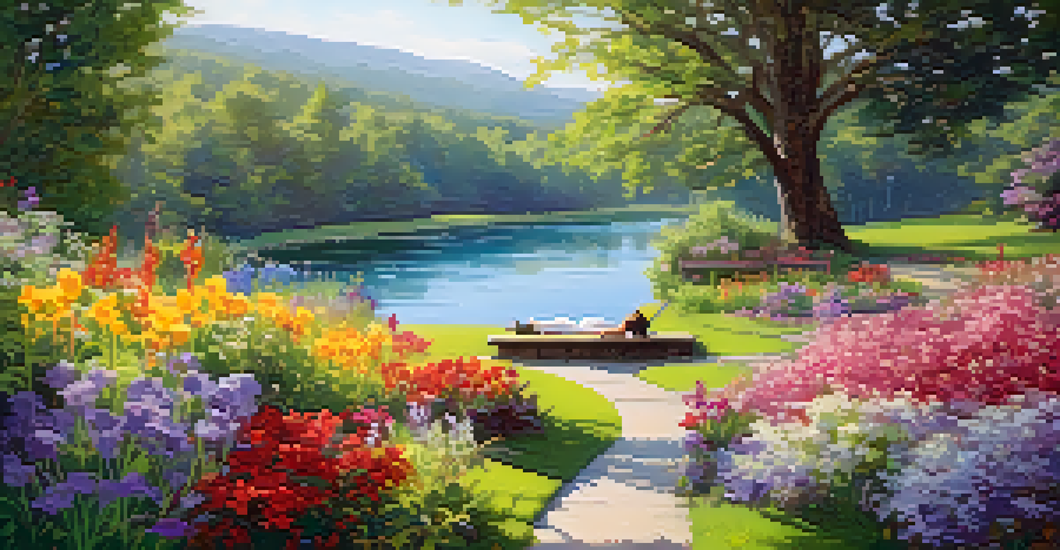 A person journaling in a colorful garden with blooming flowers and a stream.