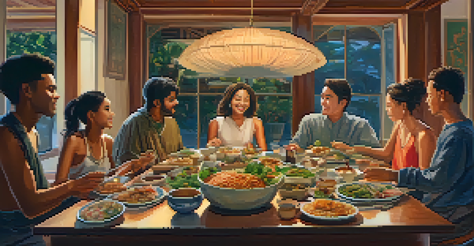 A communal table set with diverse dishes, surrounded by people of different backgrounds enjoying a meal together in a warmly lit room.
