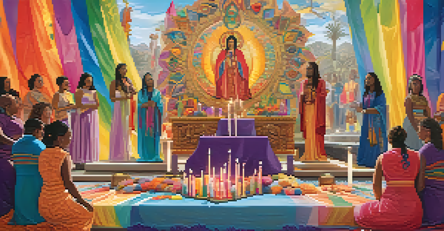 A colorful spiritual altar celebrating diverse gender identities with candles and crystals, surrounded by participants in a ceremony.