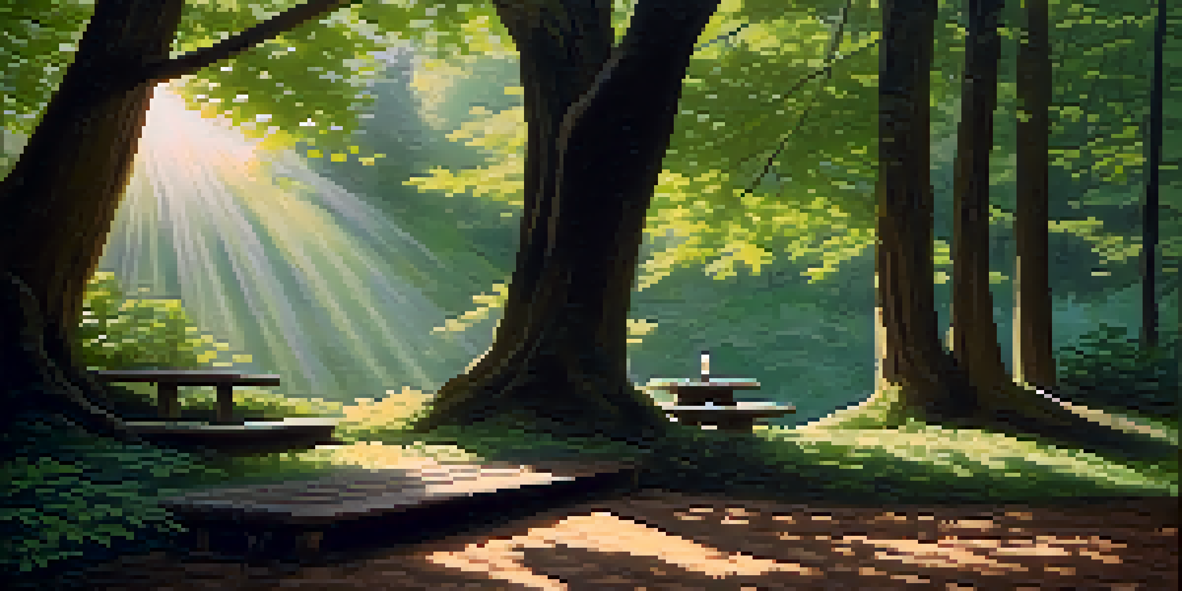 A peaceful forest setting with sunlight shining through the trees, highlighting a meditation area with candles.