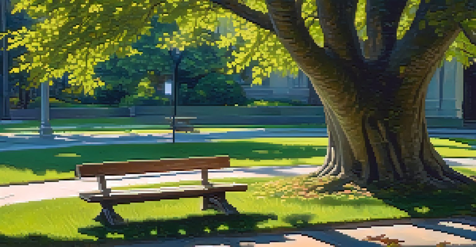 A tranquil park scene with a wooden bench under a tree and colorful wildflowers.