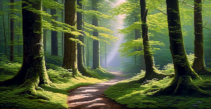 A tranquil forest with tall trees, sunlight filtering through leaves, and a winding path covered in moss.