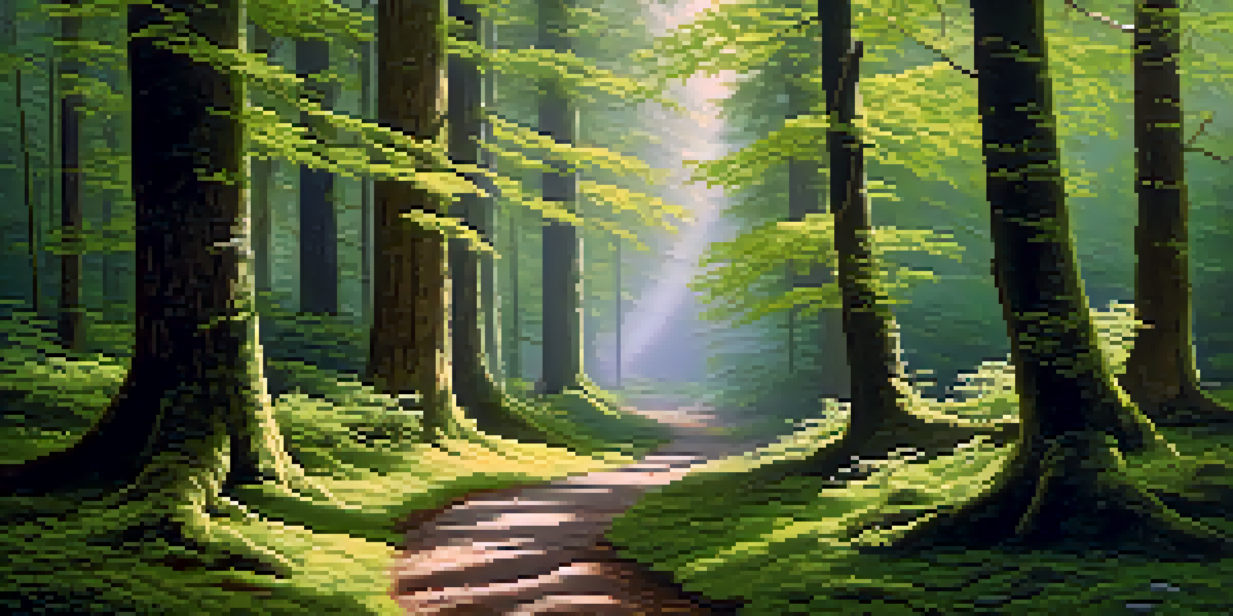A tranquil forest with tall trees, sunlight filtering through leaves, and a winding path covered in moss.