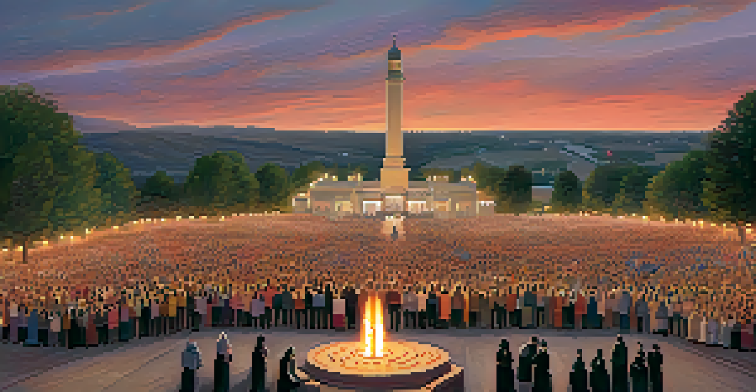Aerial view of a large outdoor prayer vigil at dusk with participants holding candles, creating a warm and hopeful atmosphere.