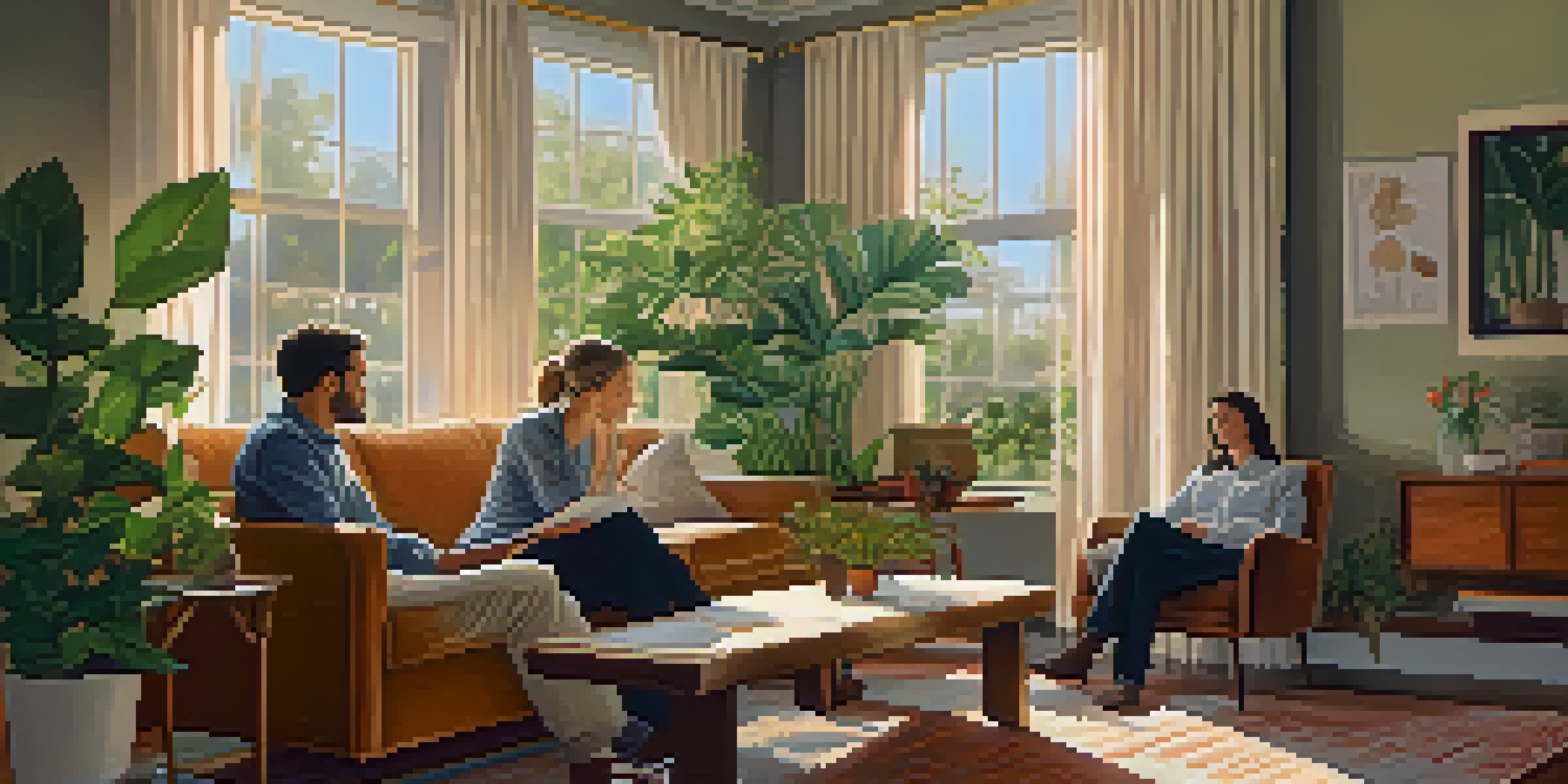 A couple sitting in a cozy living room, engaged in deep conversation, with warm sunlight illuminating the scene.