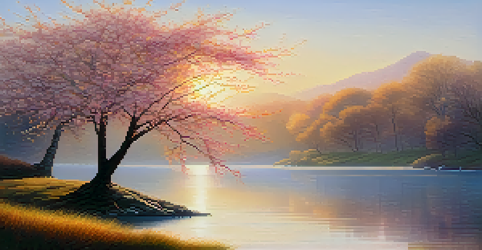 A peaceful sunrise landscape with a cherry blossom tree by a calm lake and soft sunlight filtering through mist.