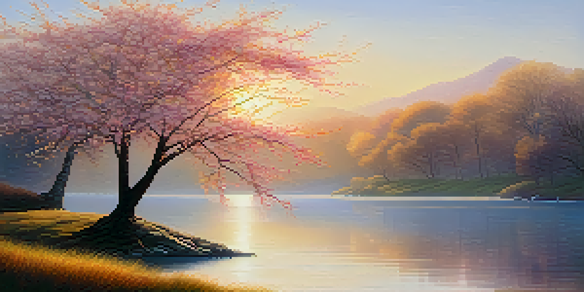 A peaceful sunrise landscape with a cherry blossom tree by a calm lake and soft sunlight filtering through mist.